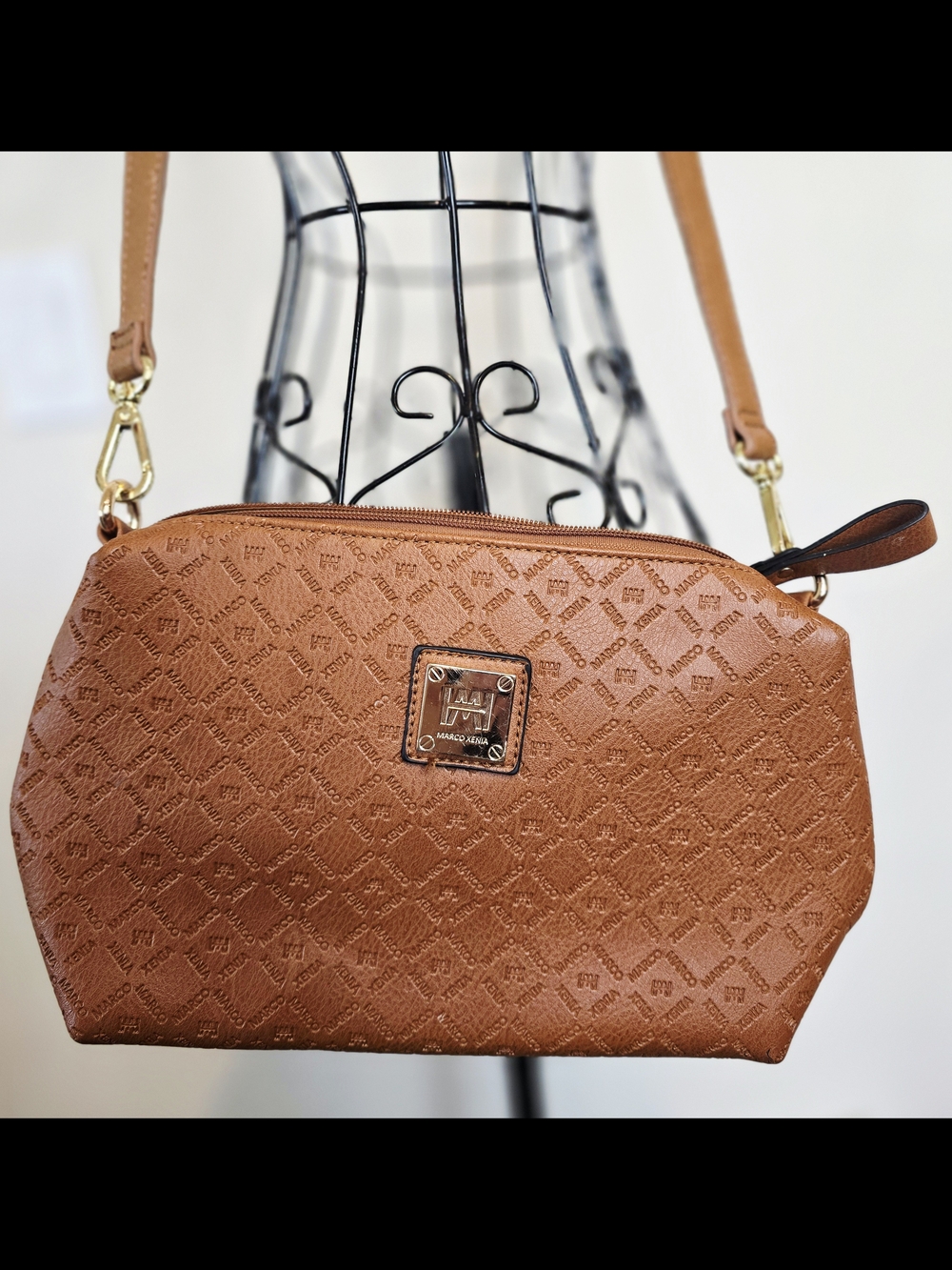 Marco Xenia Textured Tan Crossbody Bag with Logo Plaque